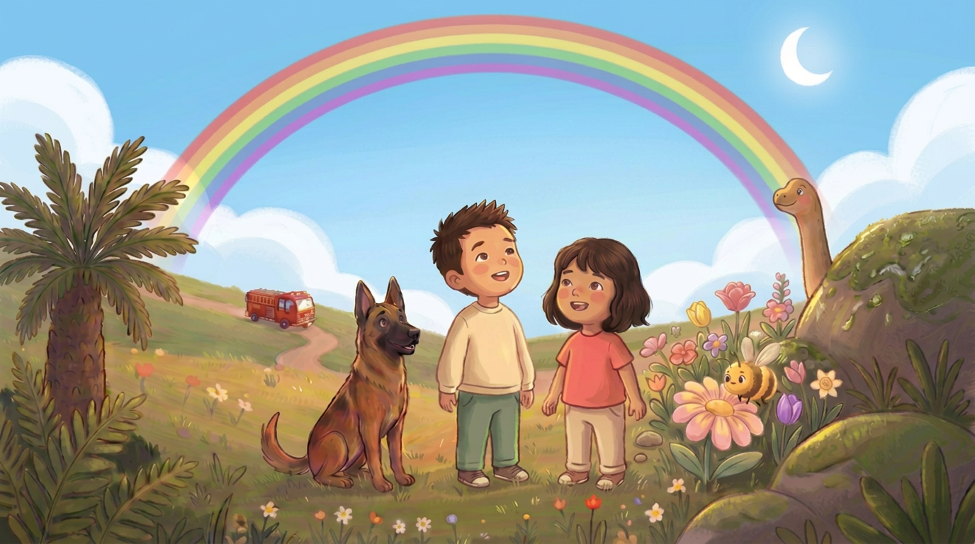 The recurring boy and girl standing in a dreamy landscape with a Belgian Malinois dog, a dinosaur, a firetruck, and blooming flowers beneath a rainbow.