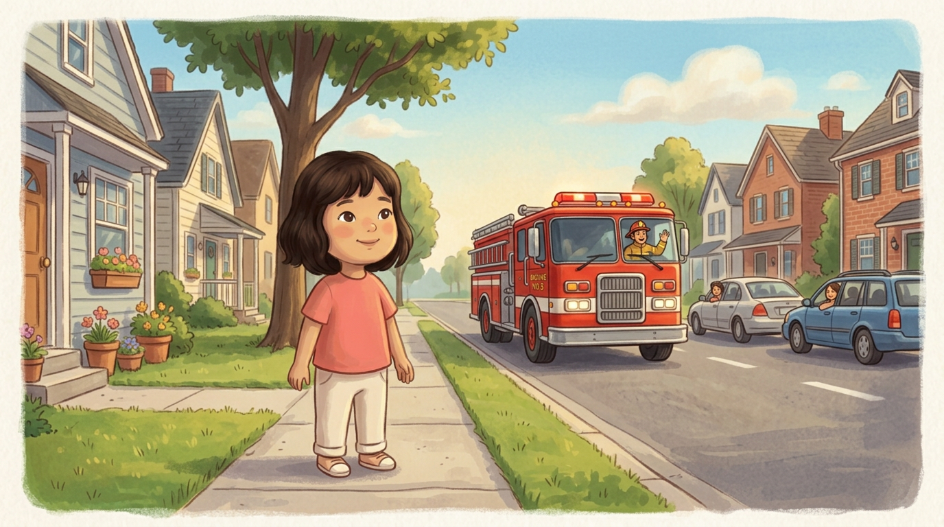 The recurring girl watching a bright red firetruck move through a neighborhood street while cars make space for it.