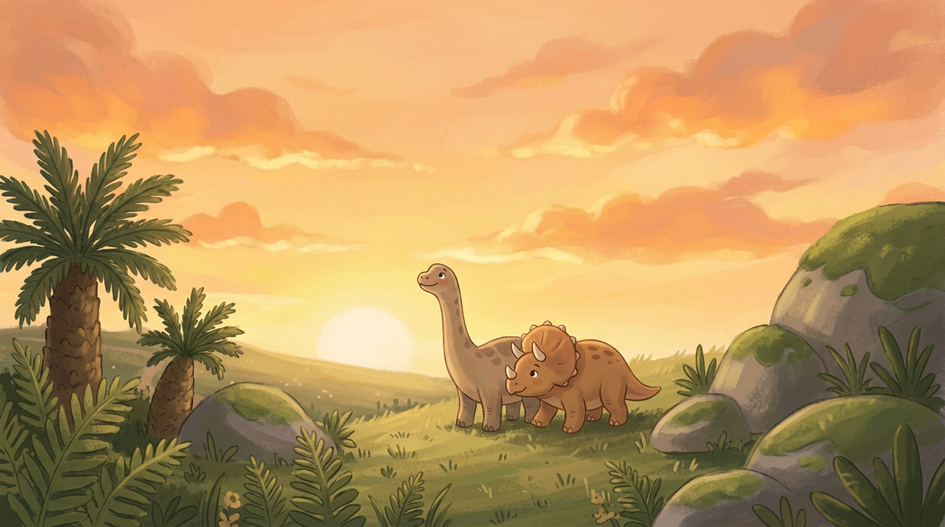 A calm prehistoric scene with large dinosaurs walking through a warm ancient landscape.