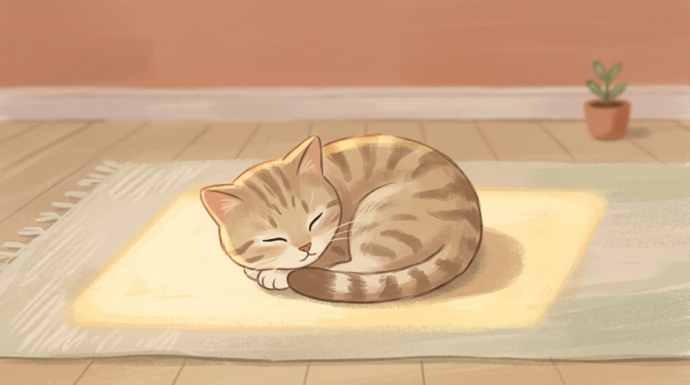 A cozy cat curled up in warm light, looking calm and content.