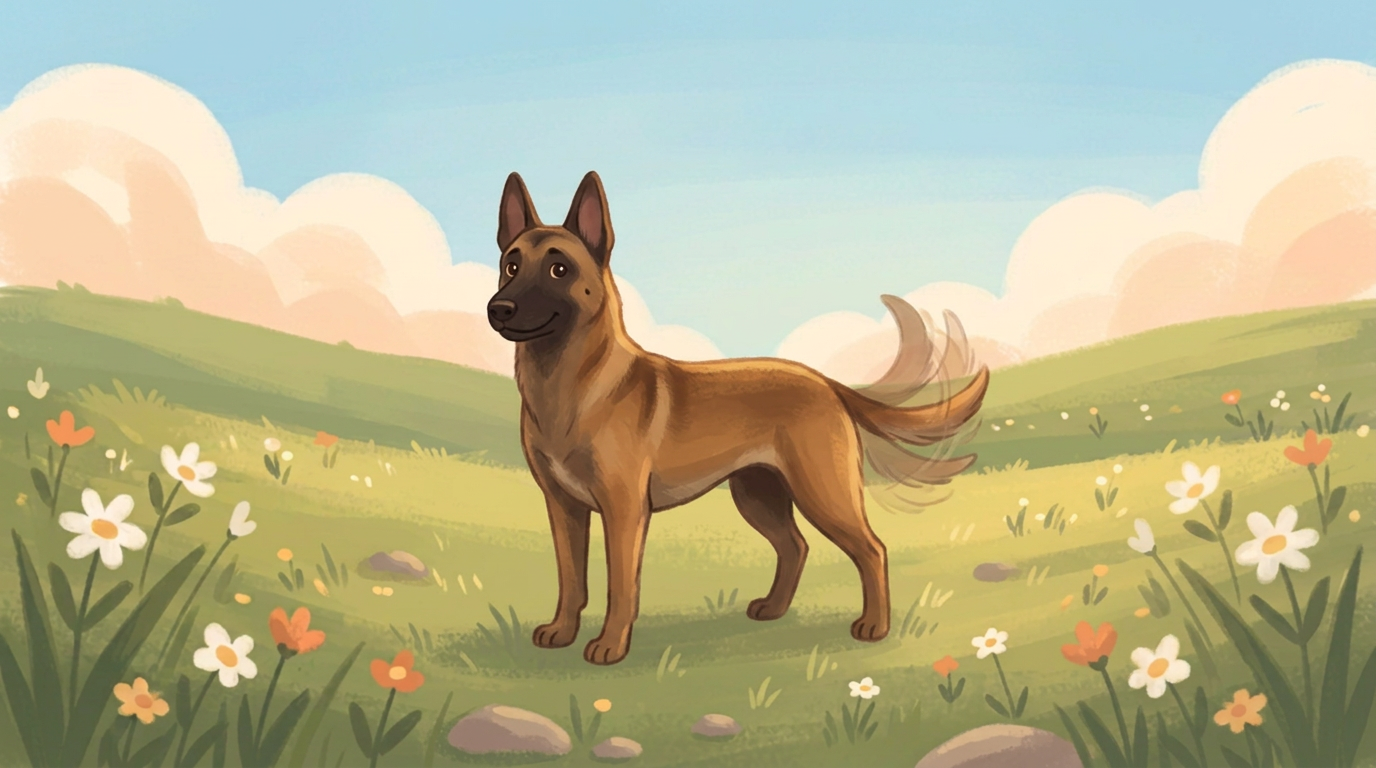 A friendly dog standing in a sunny open space with its tail wagging happily.