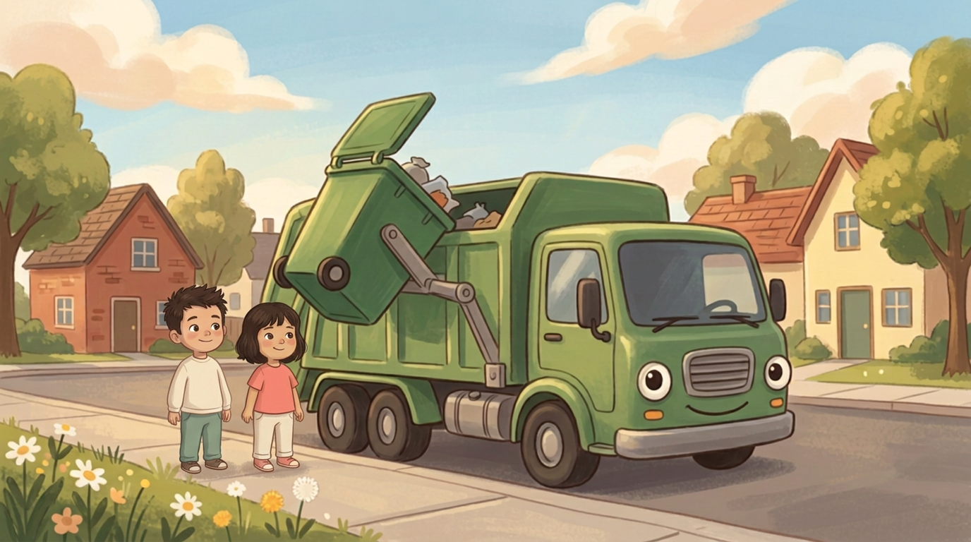 The recurring boy and girl watching a garbage truck lift a trash bin on a clean neighborhood street.