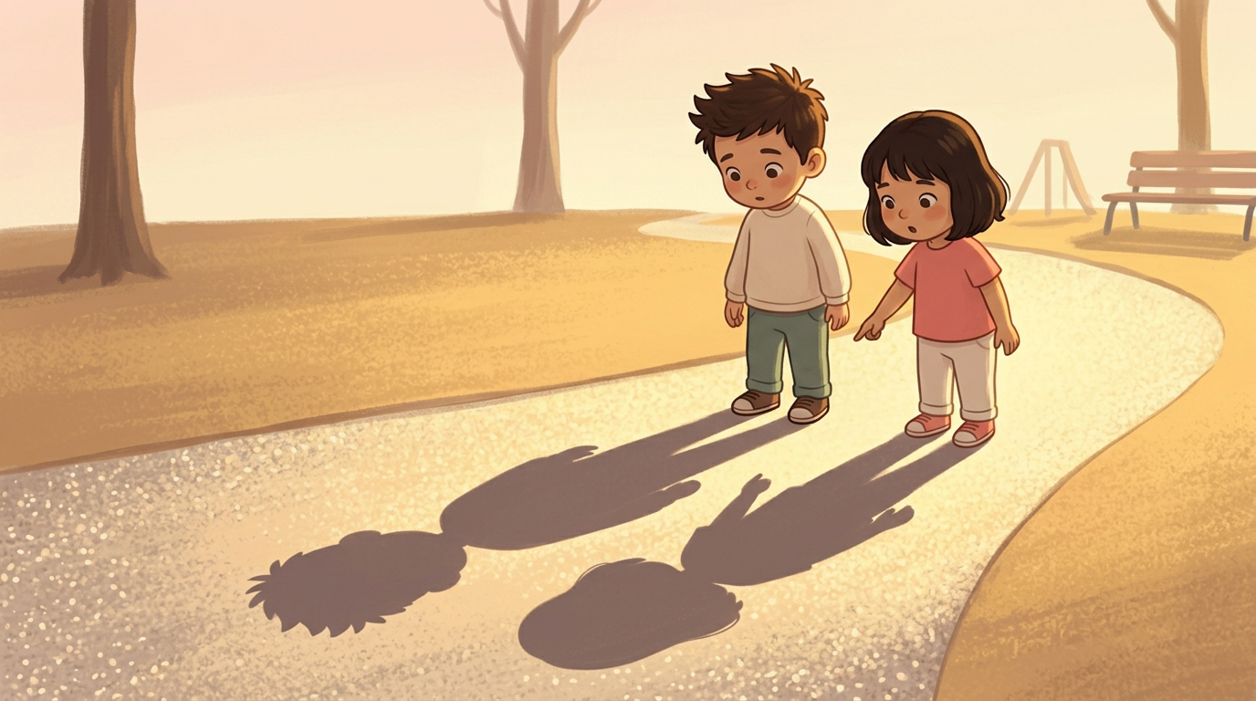 The recurring boy and girl noticing their long shadows stretching across the ground in warm sunlight.