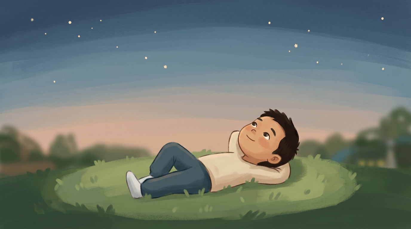 A young boy lying on the grass as the first stars begin to appear in a darkening evening sky.