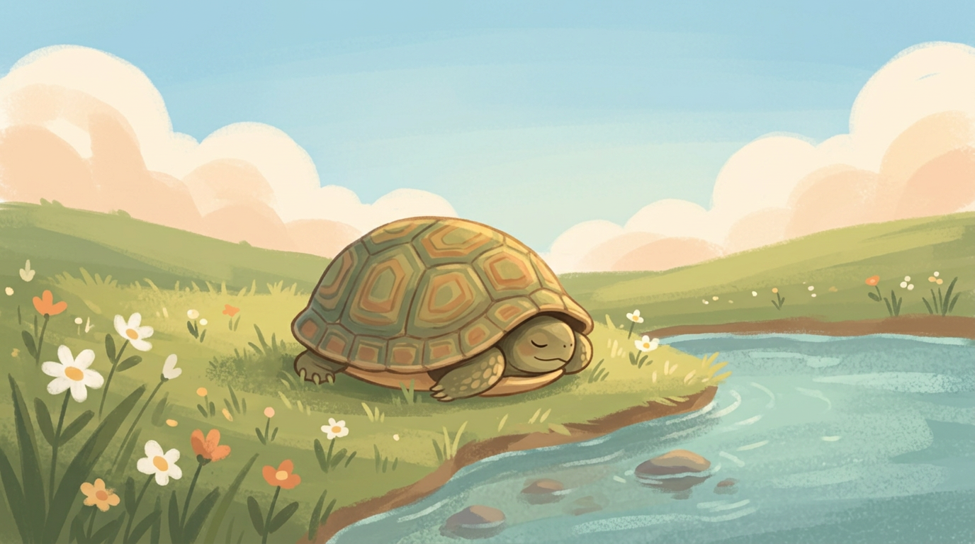 A turtle near the grass, partly tucked into its shell.