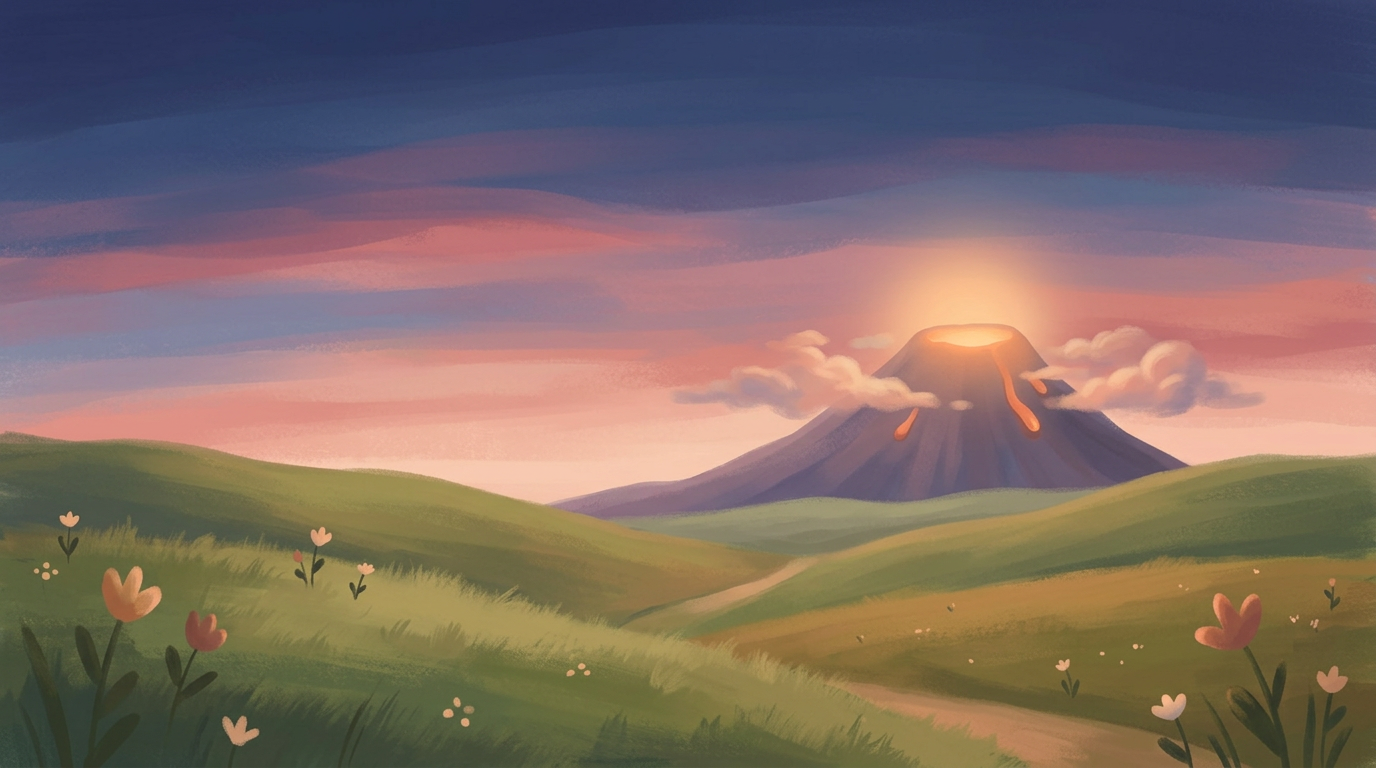 A distant volcano glowing with lava under a dramatic sky.