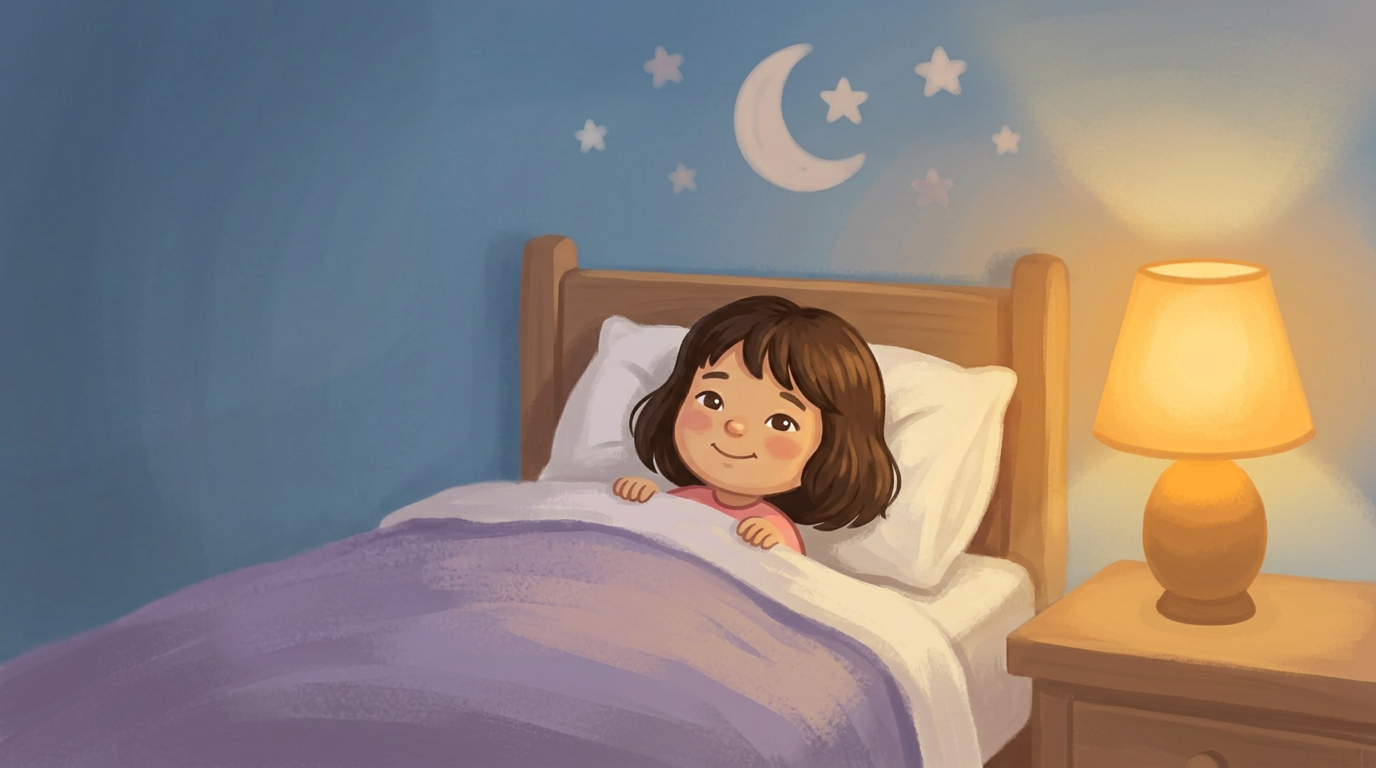 The recurring girl tucked into bed under a soft blanket with warm lamp light beside her.