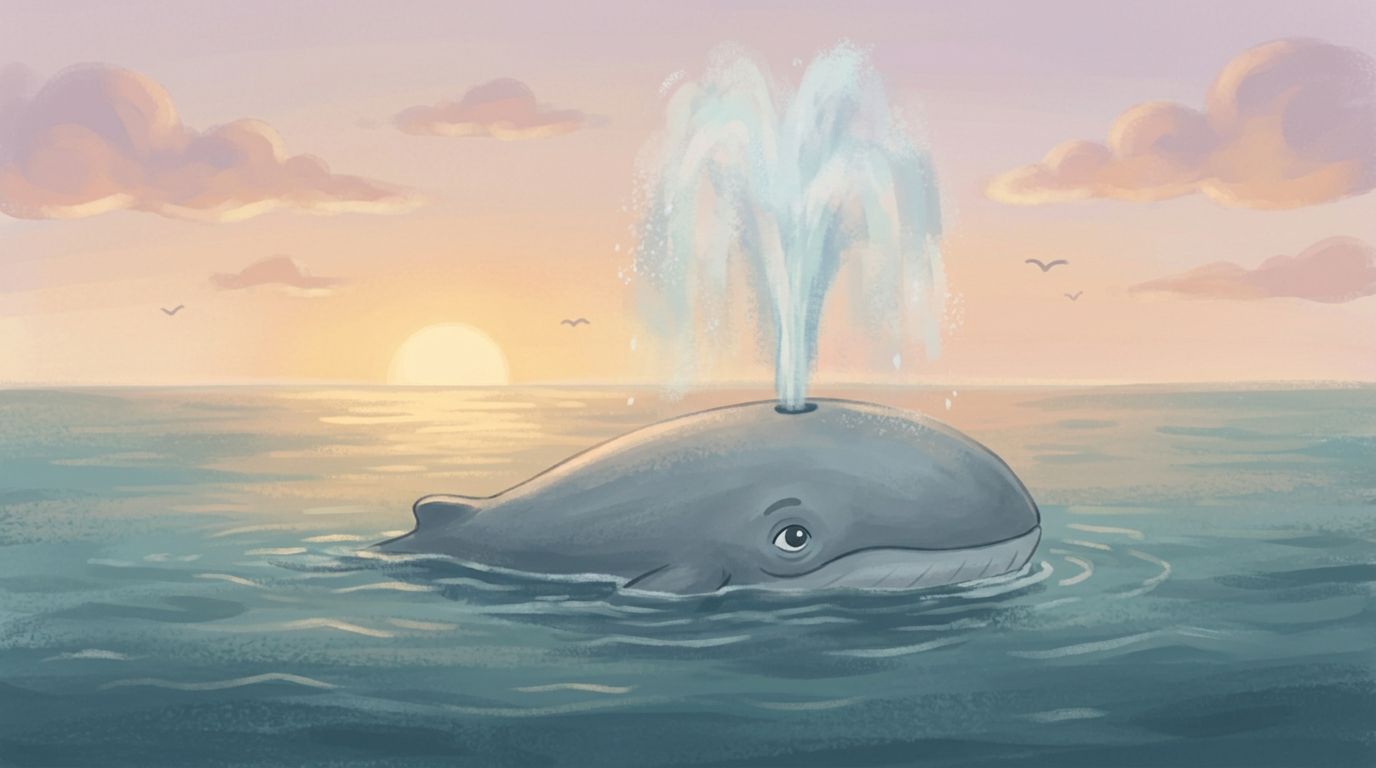 A whale surfacing in the ocean and blowing a tall misty spout into the air.