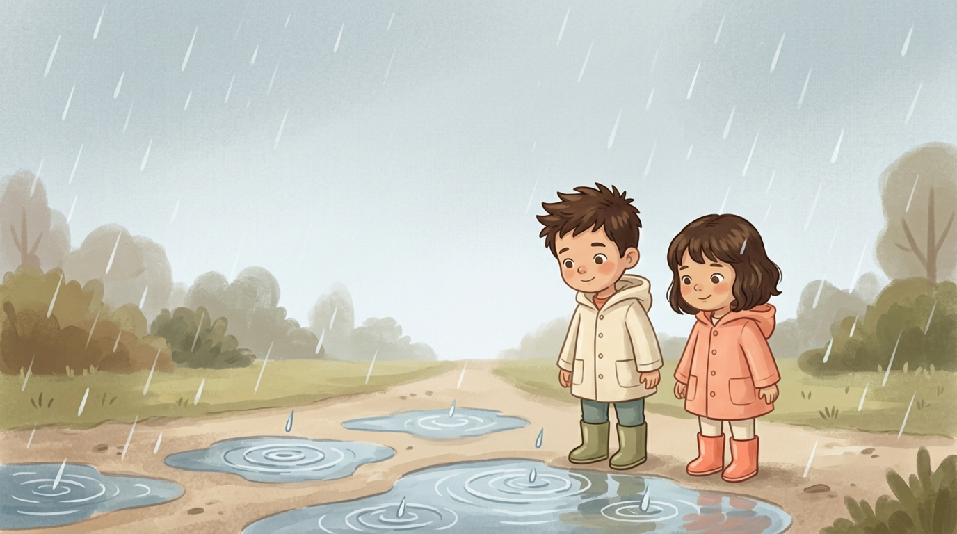 The recurring boy and girl in raincoats watching raindrops fall and splash into puddles.
