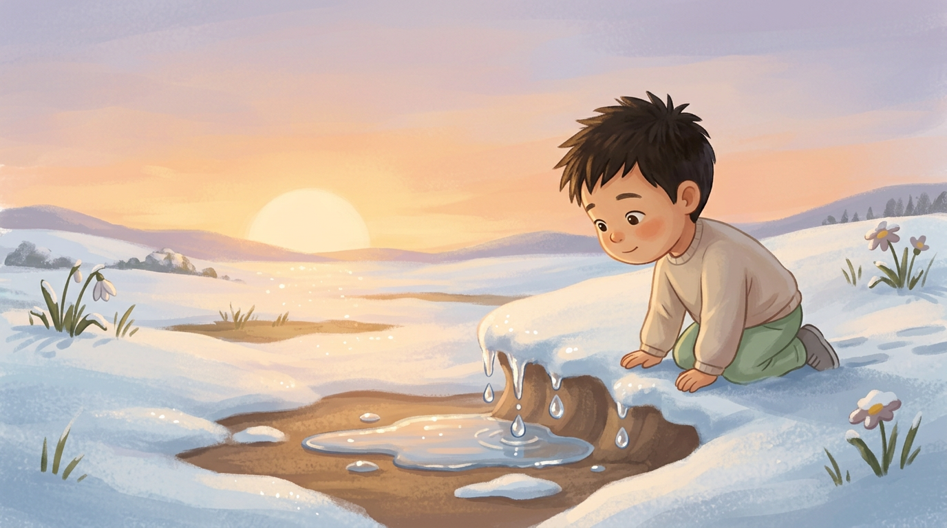 A small child watching sunshine melt snow into drips and puddles on a late-winter day.