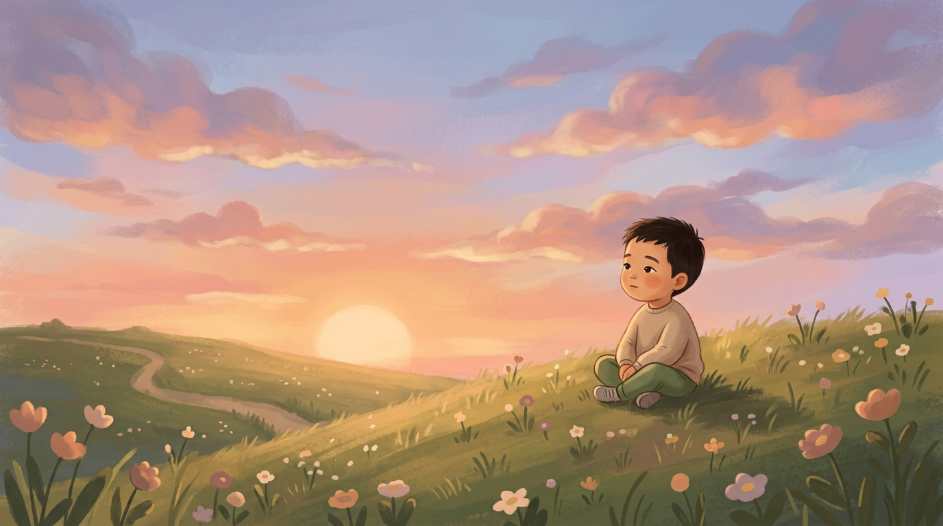 A young boy looking toward a soft sunset sky as daylight fades into evening.