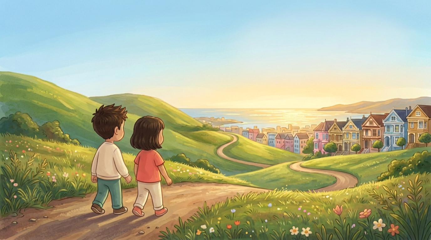 The recurring boy and girl walking together up a road toward a hopeful city on the hills ahead.